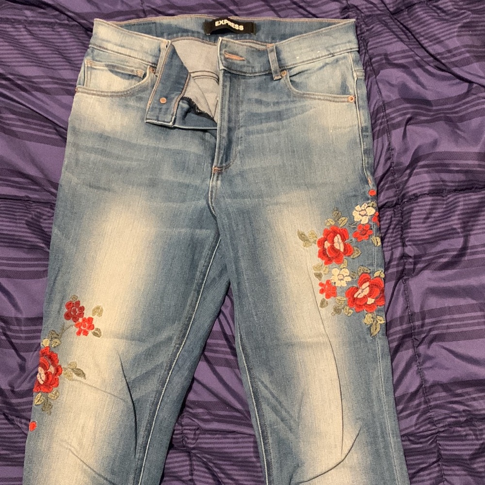 Embroidered Floral Blue Jeans